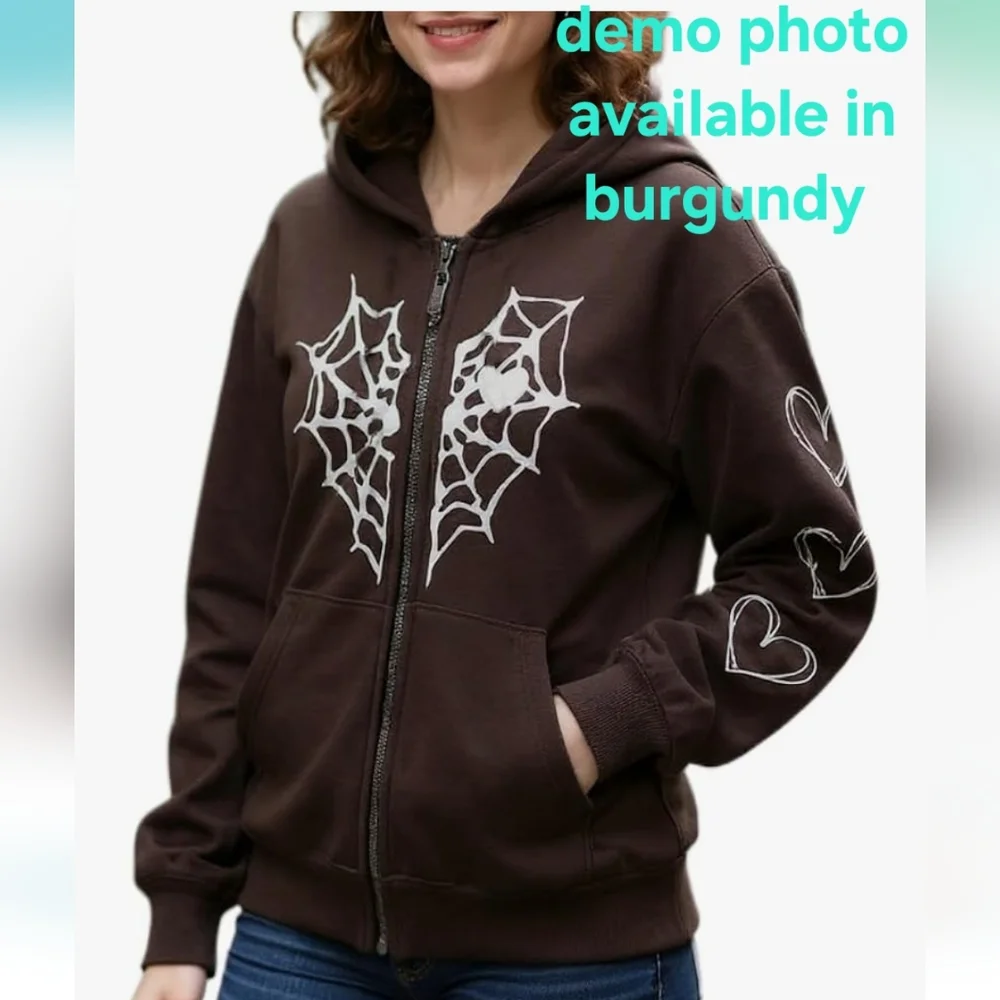 Oversized Y2K Zip Up Gothic Spider Web Heart Graphic Sweatshirt Hoodie - NWOT